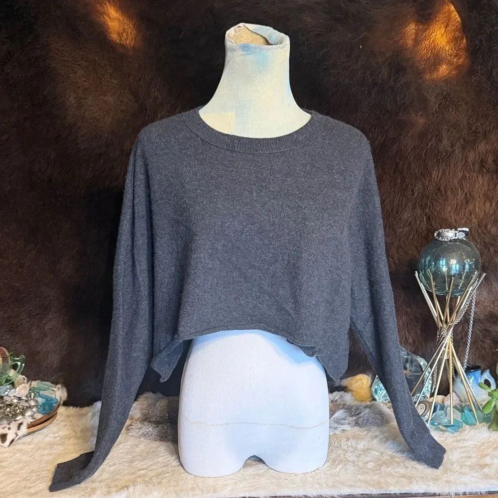 Cropped Long Sleeve cashmere Knit Top - Charcoal Gray L (BK5)